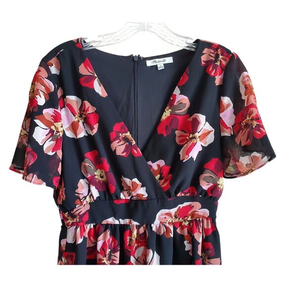 MADEWELL Size 0 Dress French Rose V-Neck Mini Black Red Lined Tulip Sleeve 34" - Picture 2 of 8